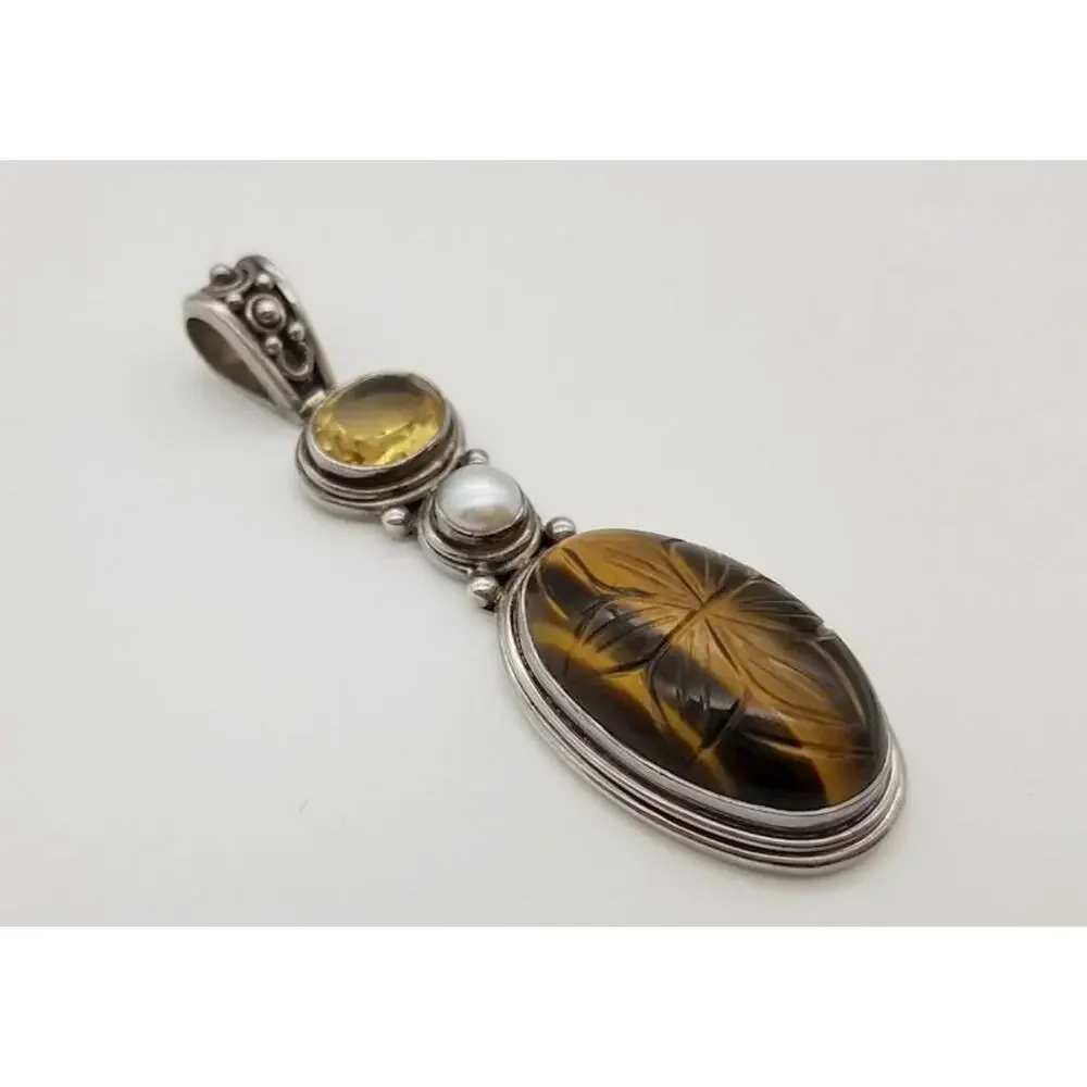 Vintage Silver .925 Carved Tigers Eye Cultured Pearl Citrine Pendant